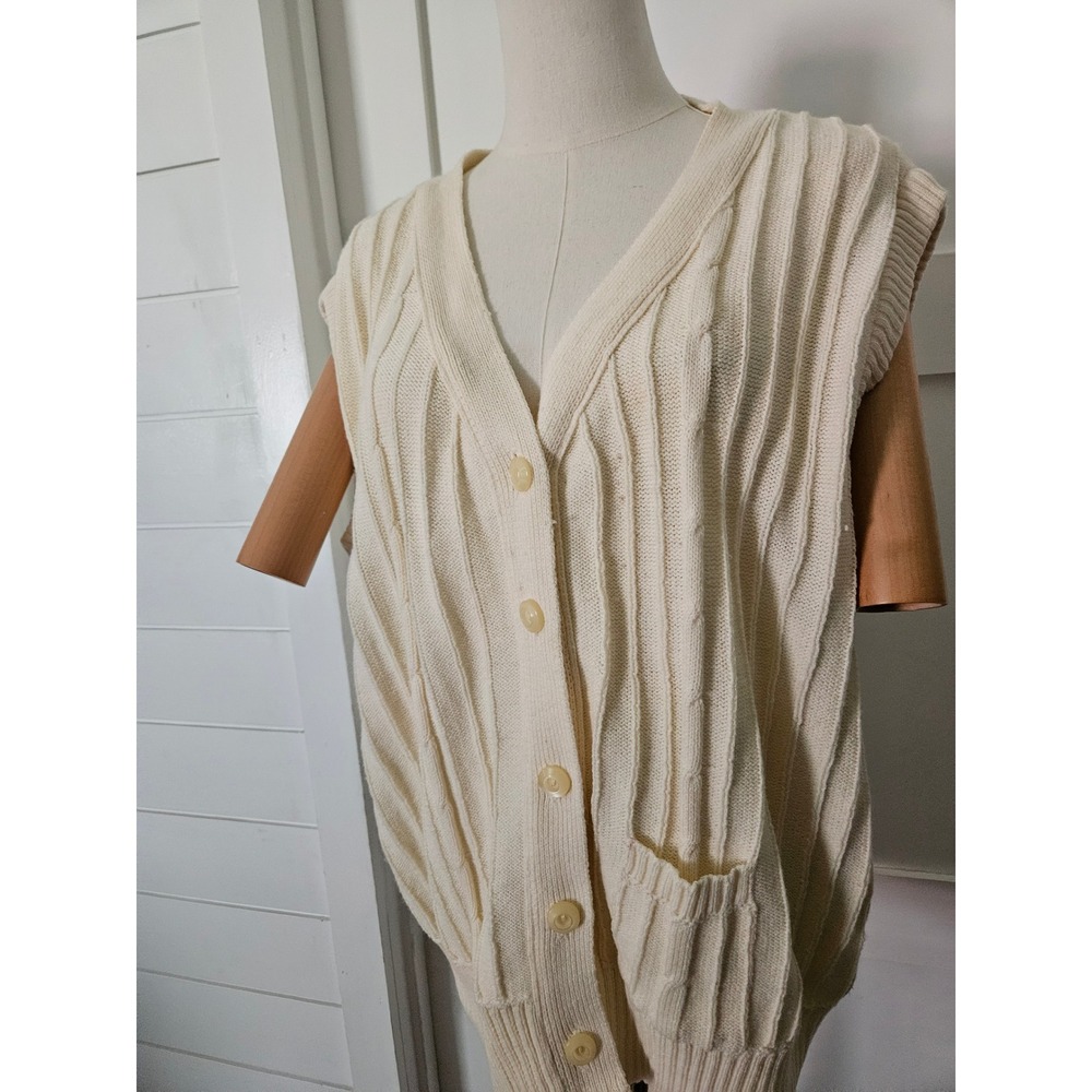 Measure‎ Up Cardigan Vest Womens 44 21x25 Cream Good Ribbed Cable Knit V-Neck
